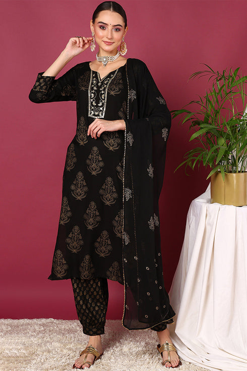 Plus Size Black Viscose Rayon Solid Woven Design Straight Suit Set
